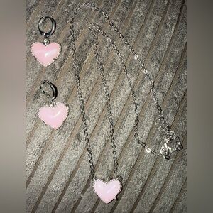Heart Pendant Necklace & Earrings Set - Pink